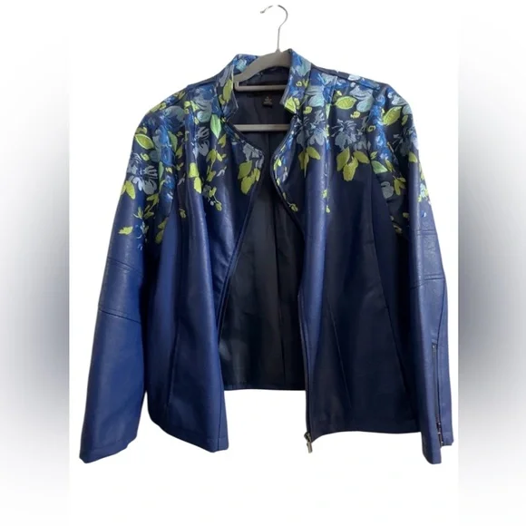 Colleen Lopez navy blue embroidered floral faux leather moto jacket Size XL - Picture 4 of 11